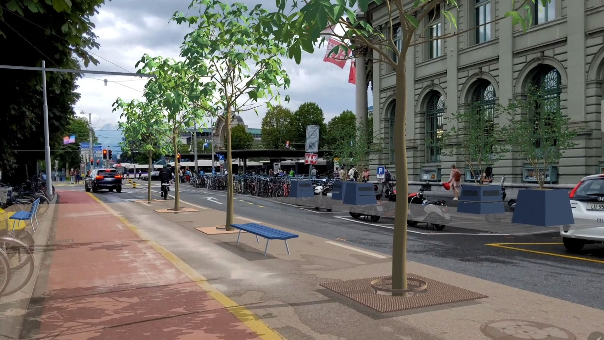 Screenshot der AR-Anwendung: Die geplante Promenade mit Bänken und Bäumen als 3D-Überlagerung in der Bahnhofstrasse Luzern
