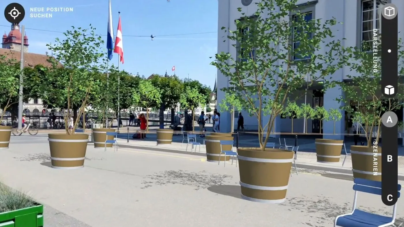 Screenshot der AR-Anwendung: Die geplanten Gartentöpfe als 3D-Überlagerung am Theaterplatz Luzern