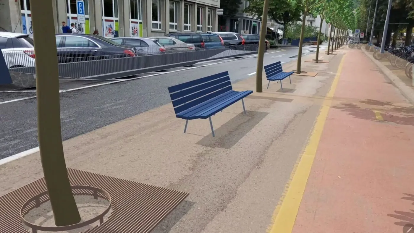 Screenshot der AR-Anwendung: Die geplante Promenade als 3D-Überlagerung in der Luzerner Bahnhofstrasse