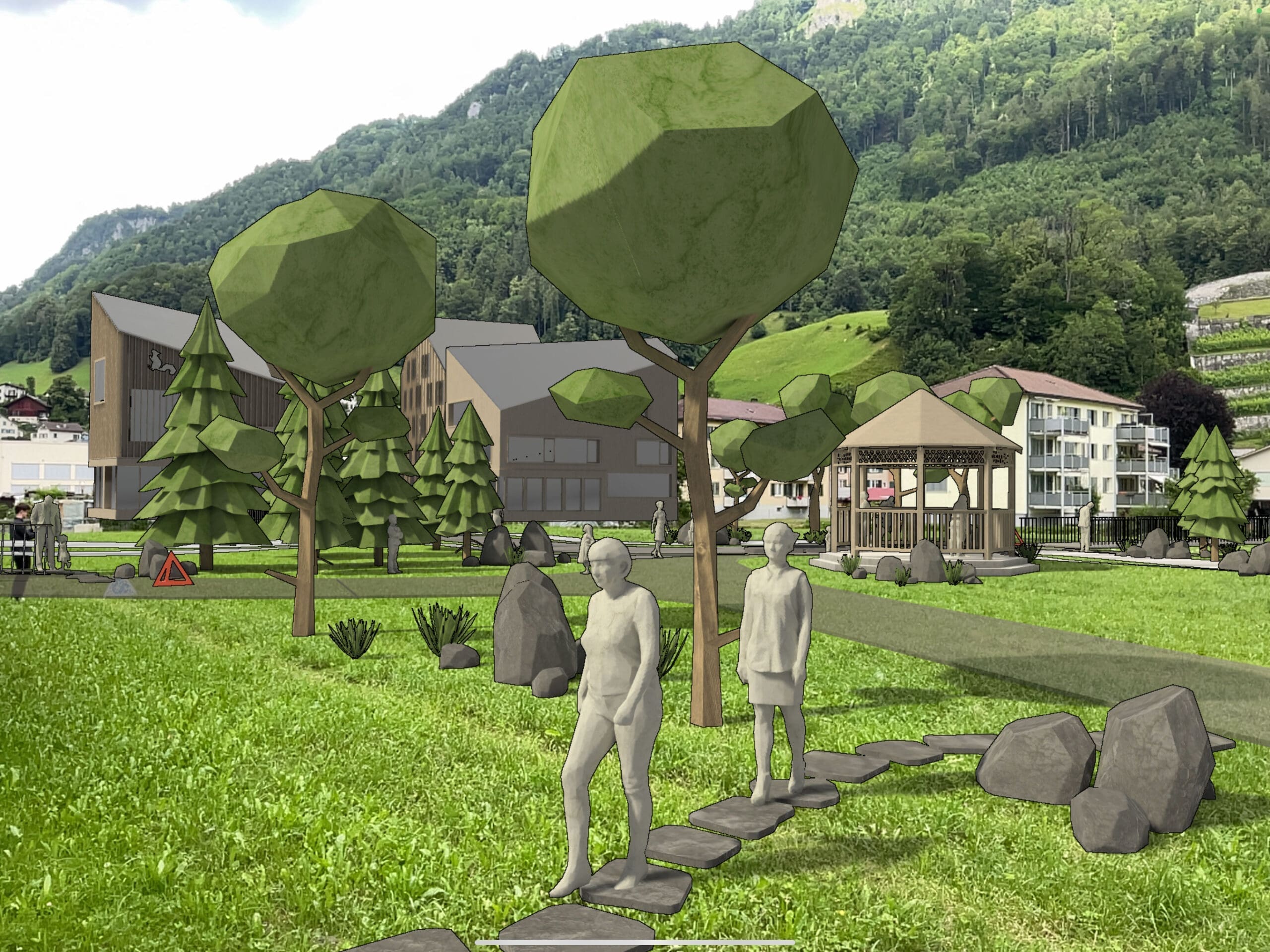 Screenshot einer AR-Anwendung: Visualisierte Überbauungsvariante im Kartoni-Park Glarus direkt vor Ort auf der Rasenfläche