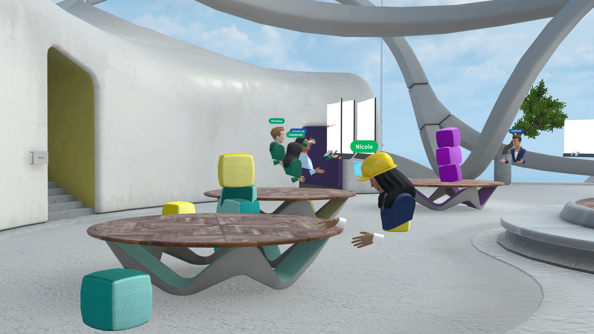 Bild einer virtuellen Szene aus dem Metaverse, in welchem mehrere Personen um einen Tisch versammelt sind.